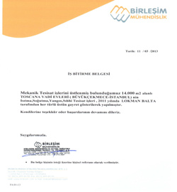 Toskana Vadisi Villaları - İş Bitirme Belgemiz